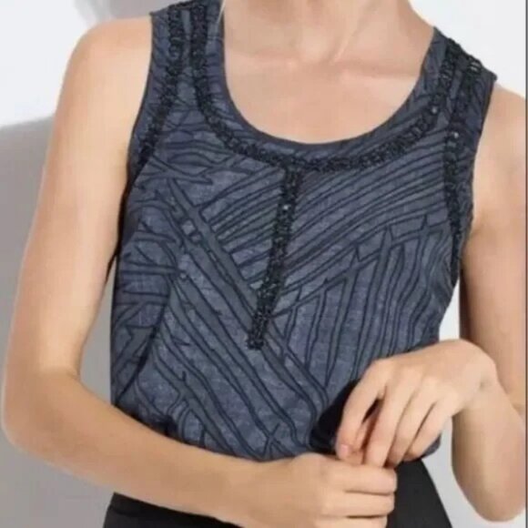 CAbi 3334 S Top Sleeveless Beaded Tank Blue Striped Business Career - Picture 1 of 6